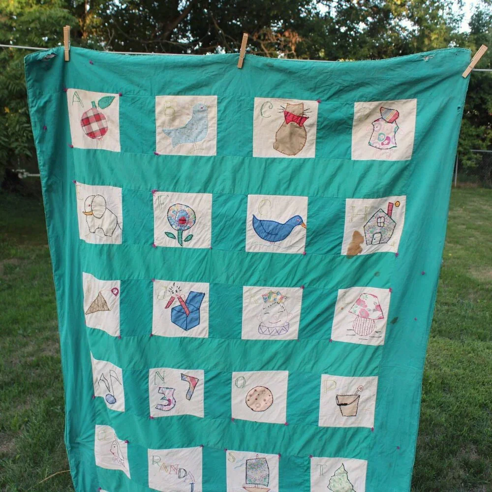 MCM Vintage Patchwork Quilt Farm House Alphabet Sampler Baby Child